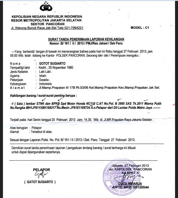 Contoh Membuat Surat Laporan Ke Polisi