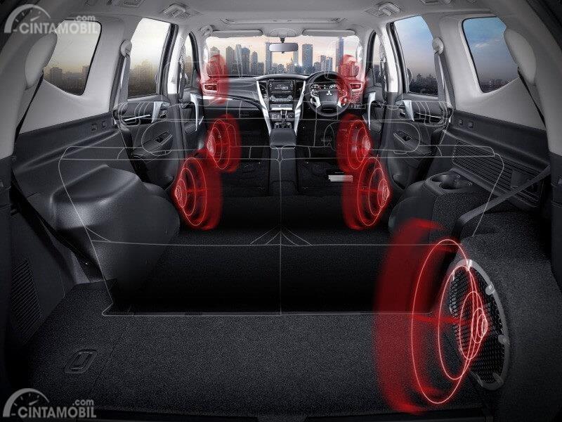 Gambar menunjukkan Instalasi audio Rockford Fosgate di mobil Mitsubishi Pajero Sport