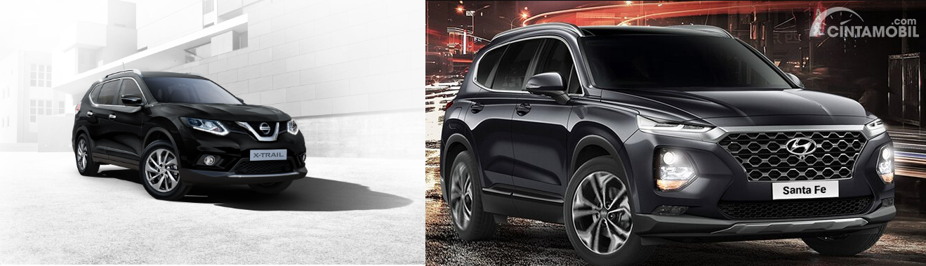 Gambar menunjukkan bandingkan antara mobil Nissan X-Trail vs Hyundai Santa Fe