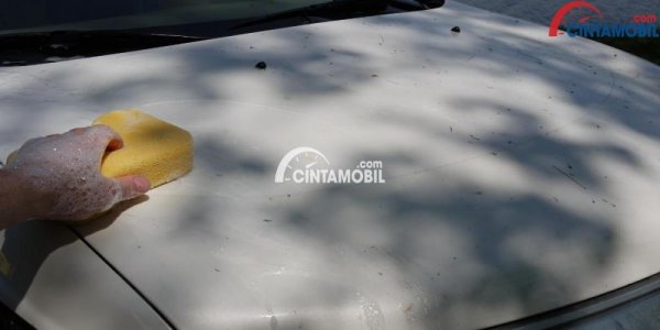 Gambar yang menunjukan tangan yang sedang memegang spons berwarna kuning sedang membersihkan mobil