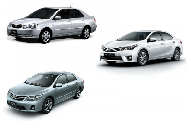 Gambar menunjukkan tiga generasi Toyota Corolla Altis terakhir