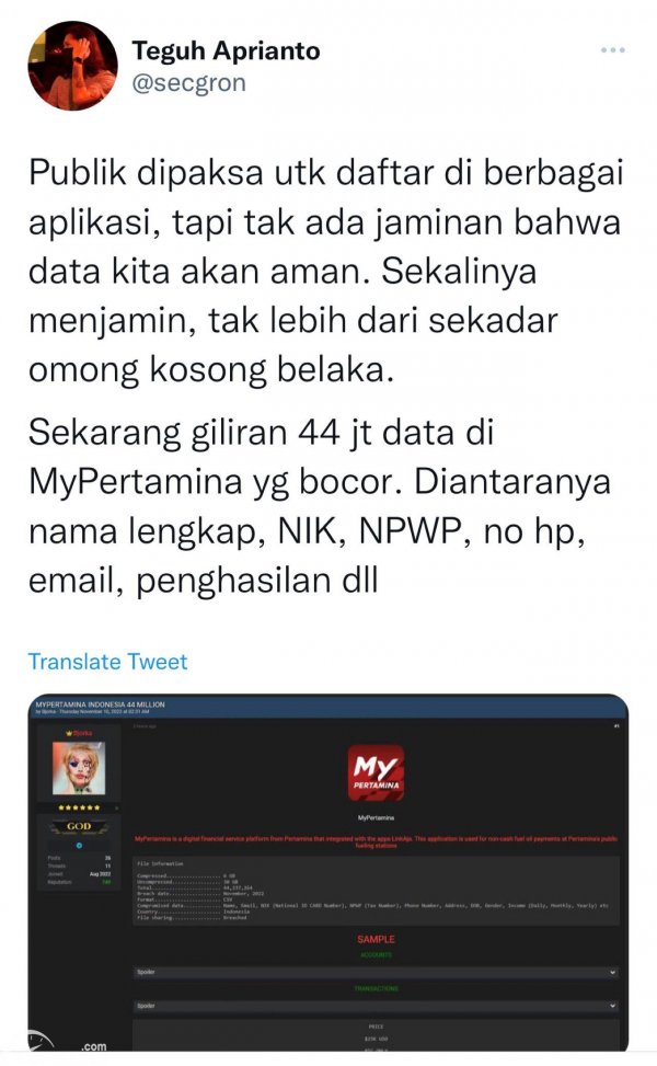 Kembali Muncul 44 Juta Data Mypertamina Bocor Oleh Bjorka 5489